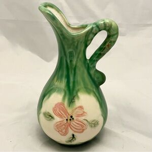 Floral Green & Pink Small Ewer, Possibly Italian Pottery, Unmarked, Vintage EUC